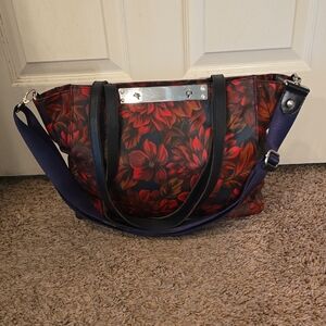 Patricia Nash Red and Black Floral Shoulder Bag with Navy Strap